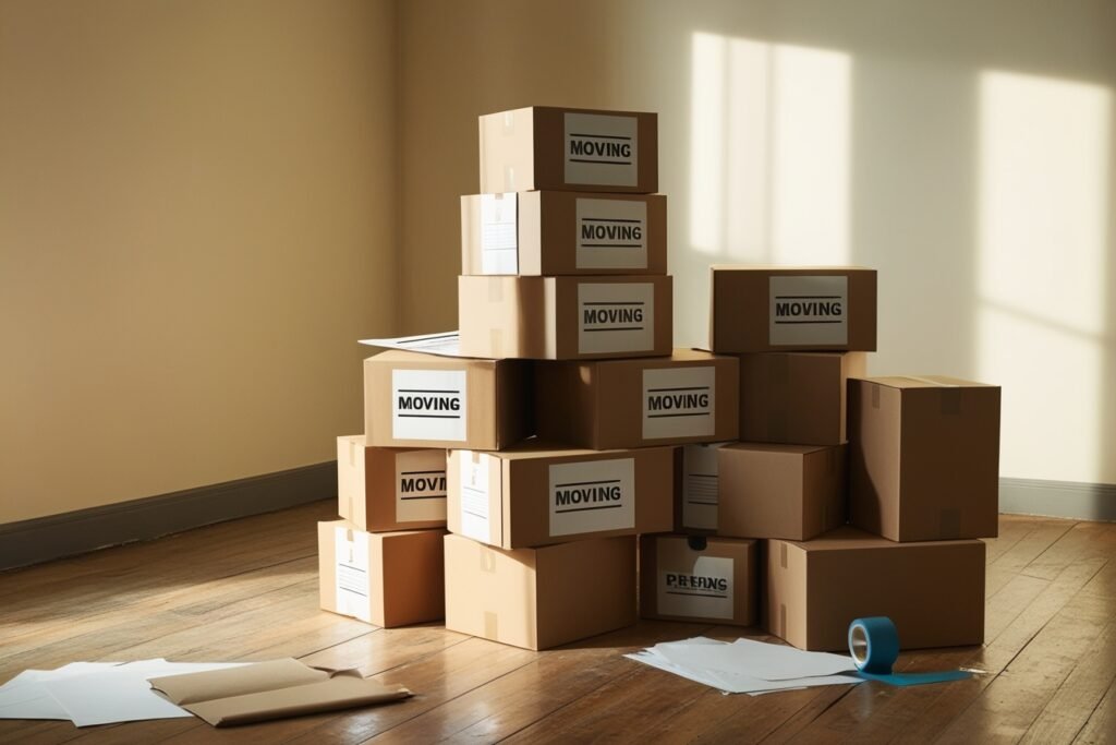 Well-labeled moving boxes stacked neatly in a living room, prepared for a residential furniture moving service.