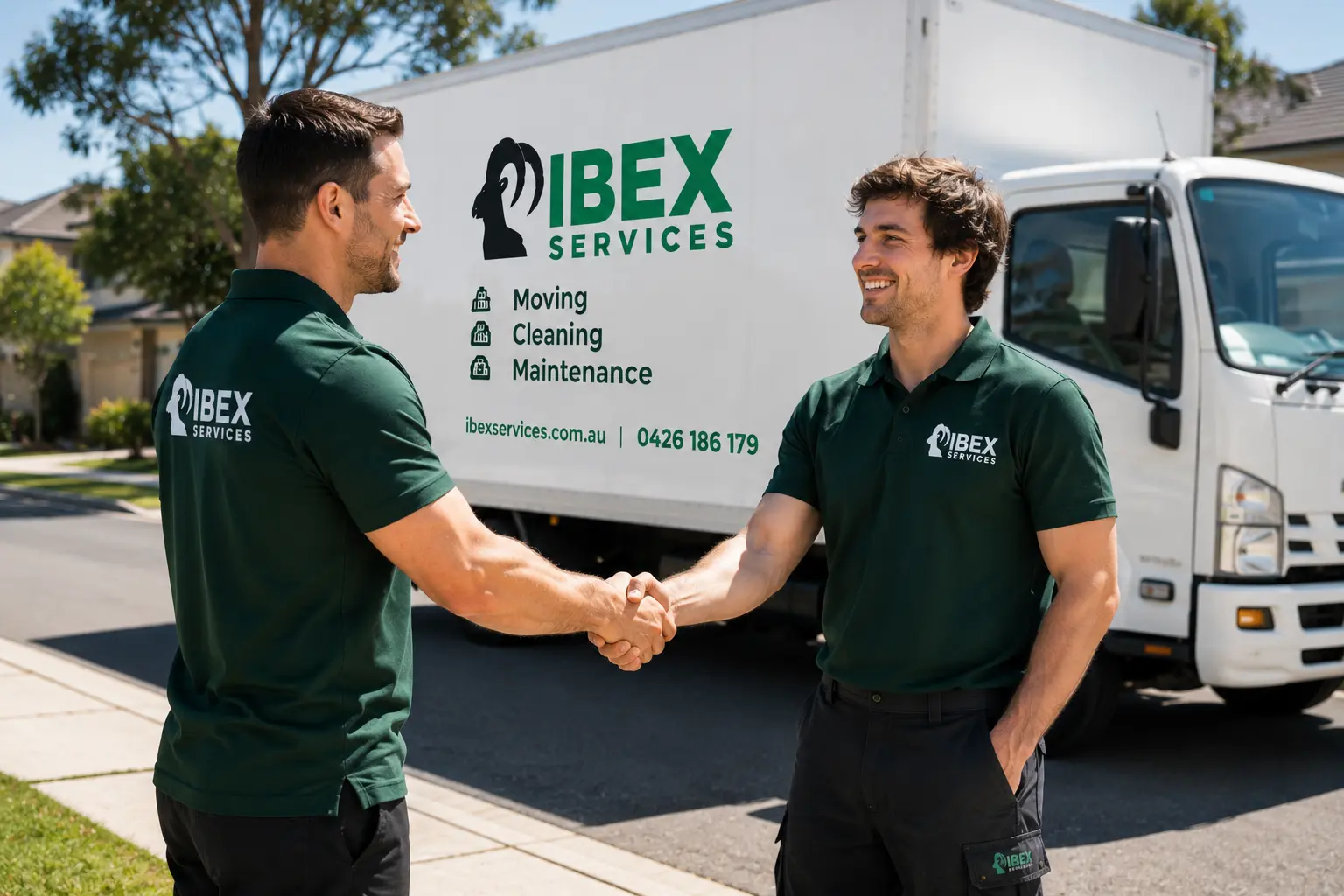 Two professional IBEX Services movers in matching green uniforms shaking hands in front of a white moving truck on a sunny suburban street.