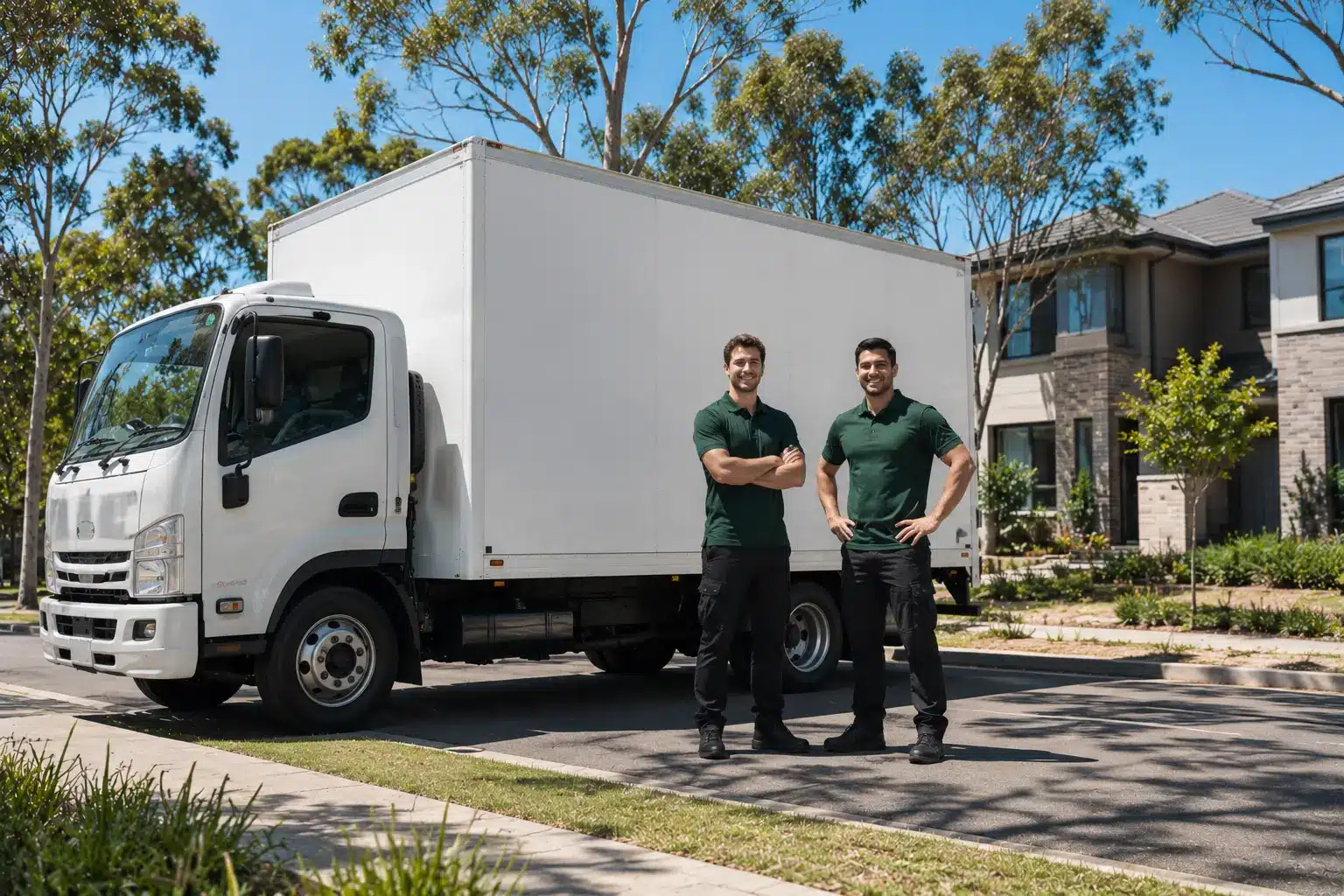 Two professional removalists in matching dark uniforms standing beside a clean white moving truck on a sunny suburban Australian street with Canberra-style homes and gum trees.