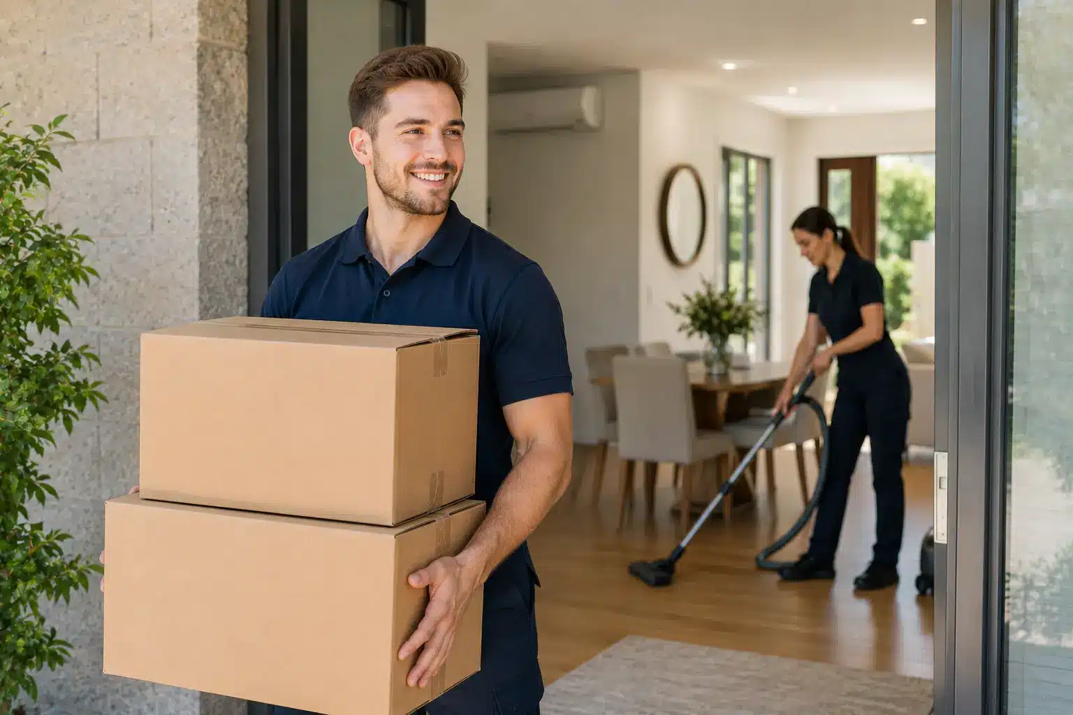 Professional removalist carrying cardboard boxes out of a modern home while a cleaner vacuums inside in the background.