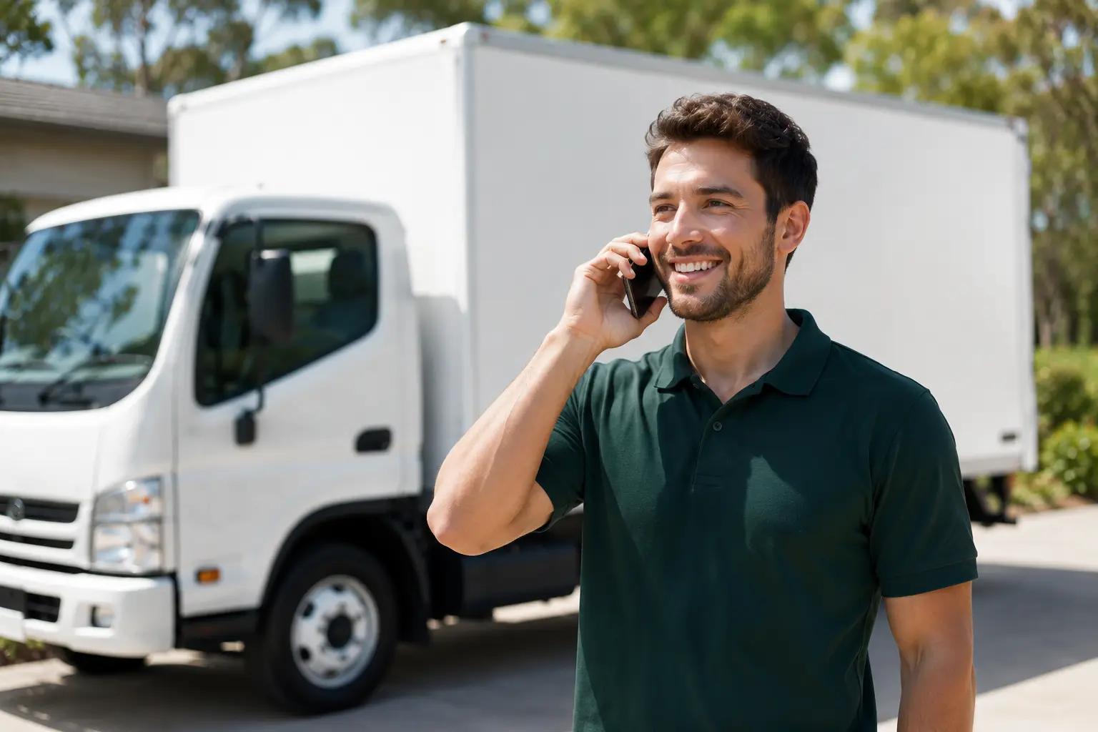 Friendly professional Australian man in a dark green work uniform smiling while talking on a mobile phone beside a white moving truck outdoors.
