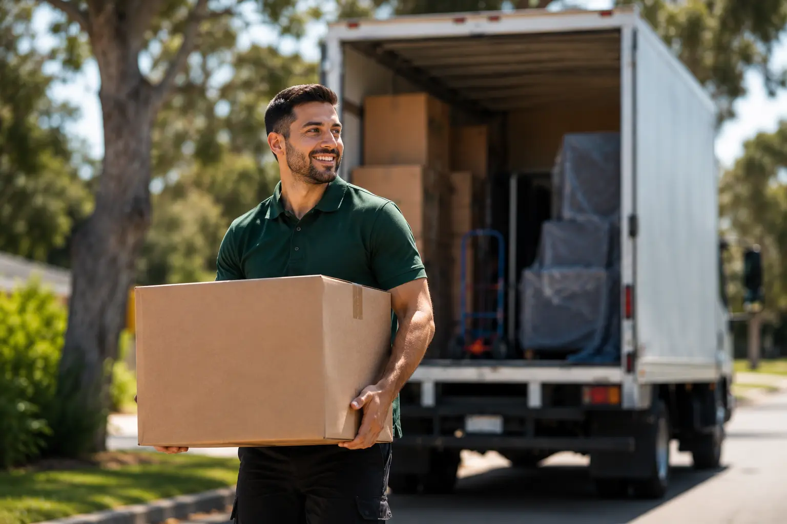 Professional Australian removalist in a dark green polo shirt carrying a large cardboard box beside an open white moving truck on a sunny suburban street.