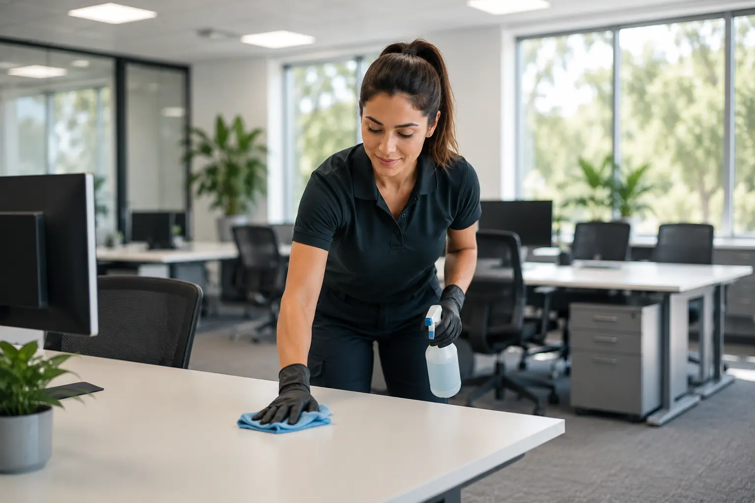 Professional cleaner in a dark uniform wiping down a modern office desk in a bright open-plan office with natural daylight.