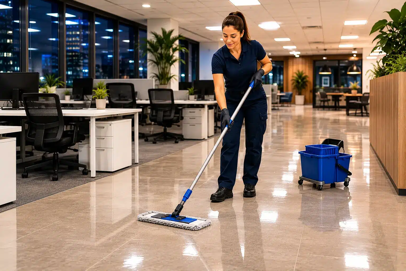 Professional cleaner in a dark navy uniform mopping a shiny floor inside a bright modern open-plan office with rows of desks and warm lighting.