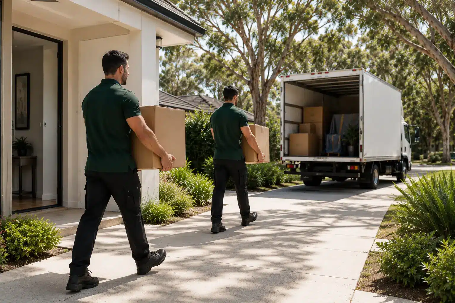 Two professional Australian removalists in dark green polo shirts carrying cardboard boxes from a suburban home toward a white moving truck on a sunny day.