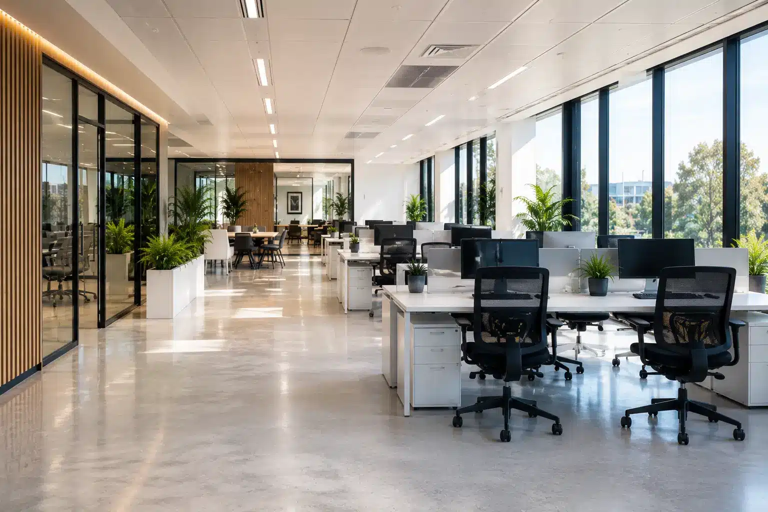 Bright modern Australian open-plan office interior with spotless floors, organised desks, large windows, and abundant natural light.