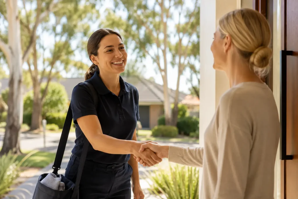 Professional cleaner in a dark navy uniform shaking hands with a smiling homeowner at the front door of a bright modern Australian home.