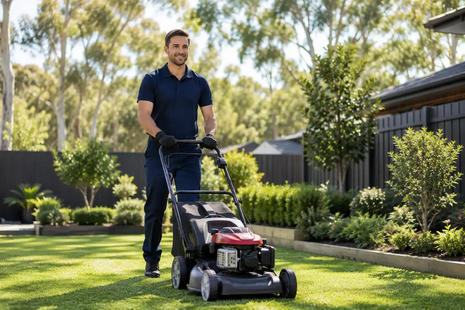 Professional male gardener in a dark navy uniform smiling while mowing a neatly maintained green lawn in a suburban Australian backyard.