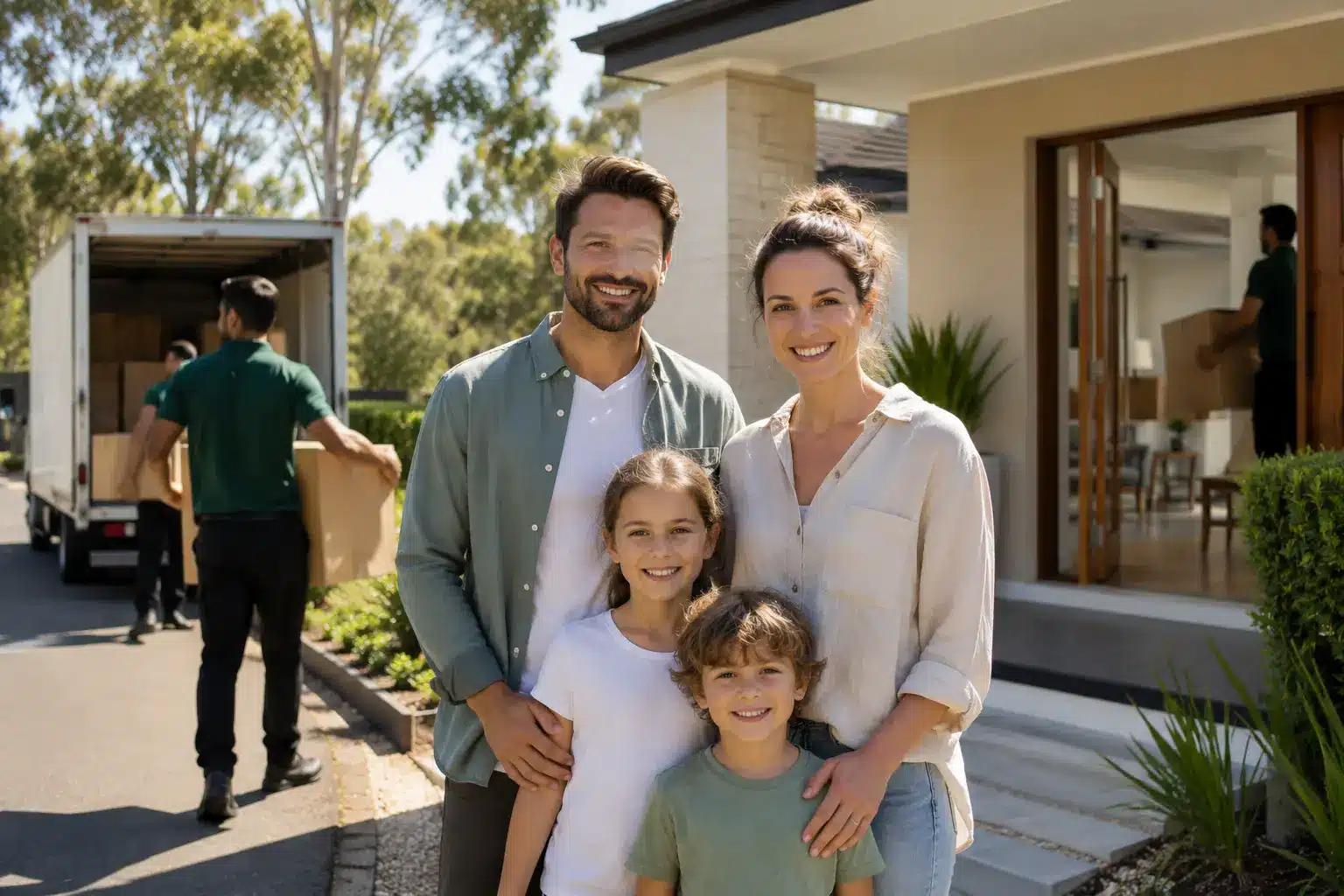 Happy Australian family smiling outside their new suburban home while professional removalists carry moving boxes in the background.