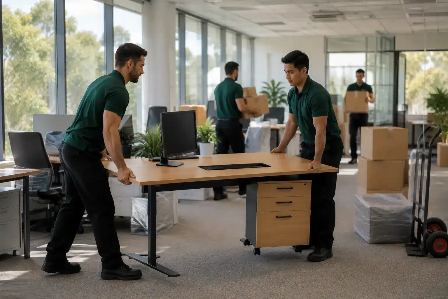 Professional removalists in dark uniforms carefully moving office desks and equipment inside a bright modern Canberra office space.
