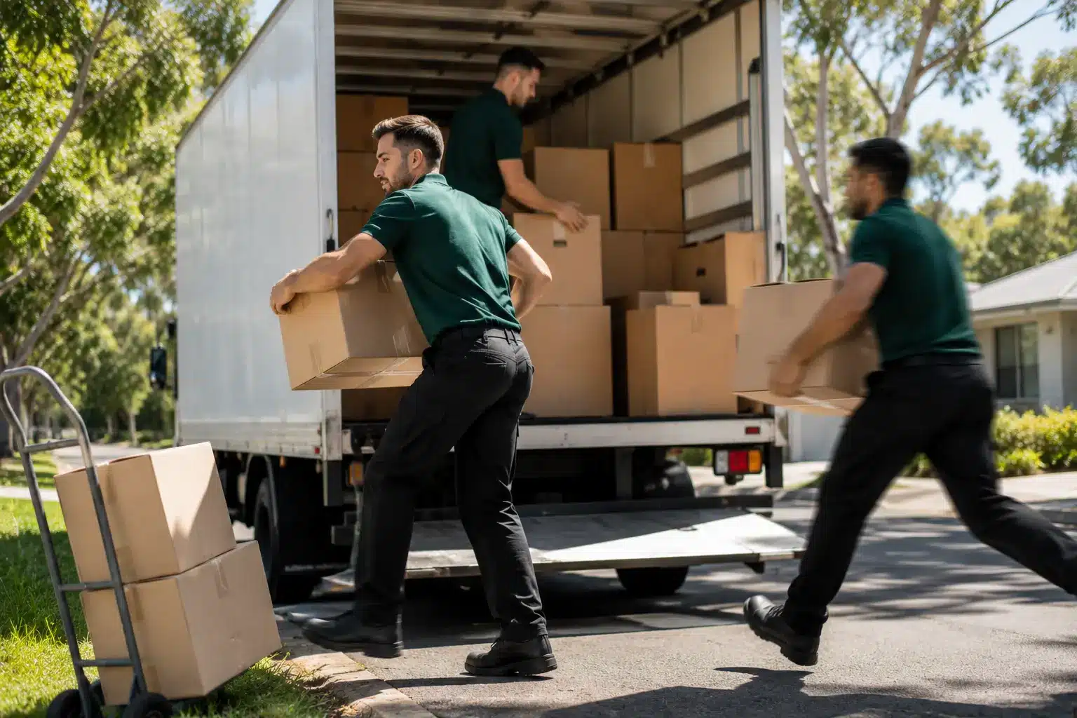 Professional Australian removalists quickly loading cardboard boxes into a white moving truck on a sunny residential Canberra street.
