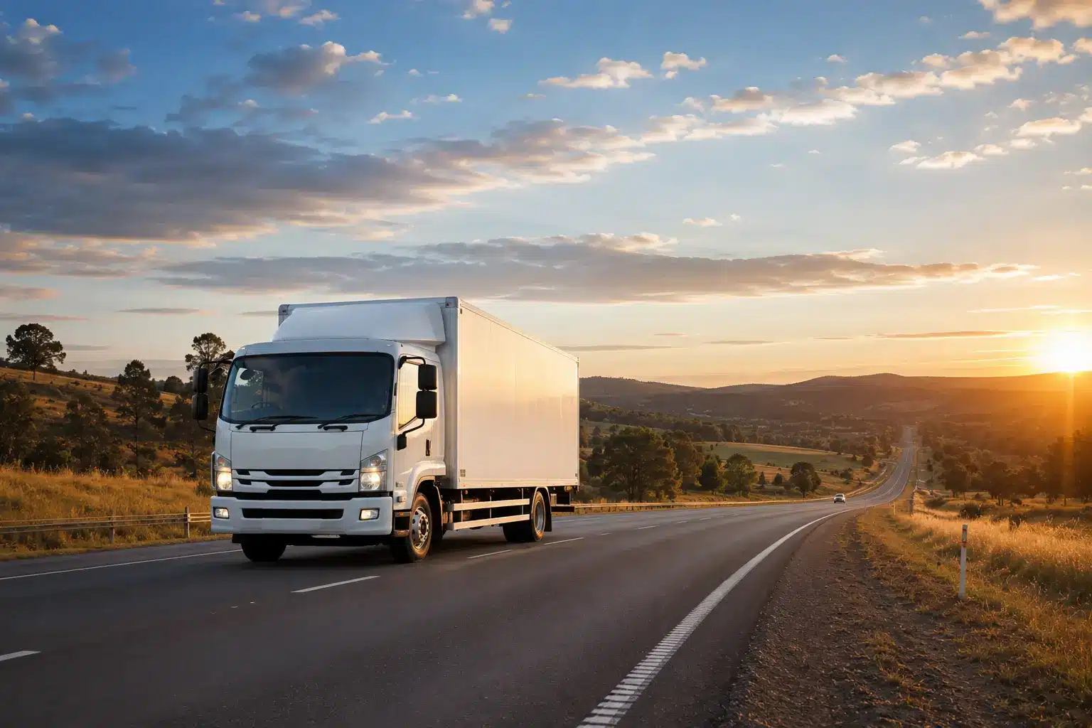 Large white moving truck driving along an open Australian highway between Canberra and Sydney during golden hour.