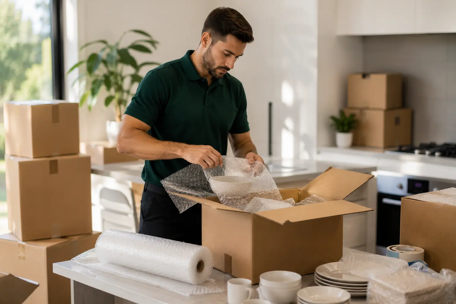 Professional Australian removalist carefully packing kitchenware into cardboard boxes with bubble wrap on a bright kitchen table.