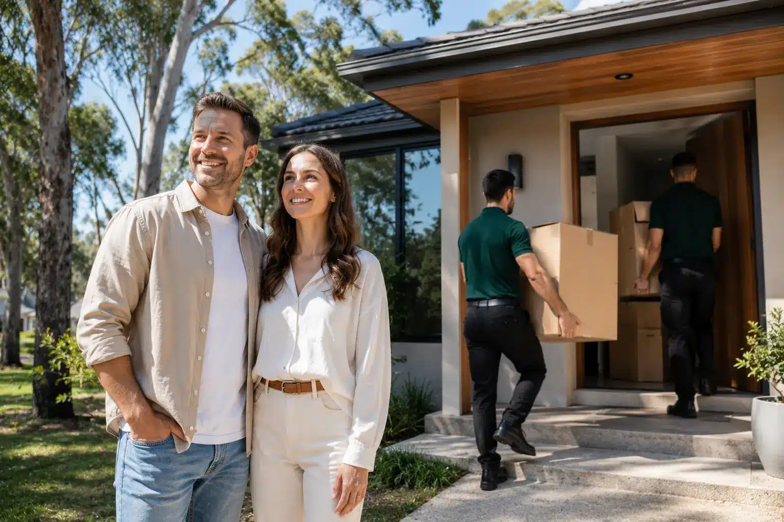 Happy Australian couple smiling outside their new suburban home while professional removalists carry moving boxes through the front door.
