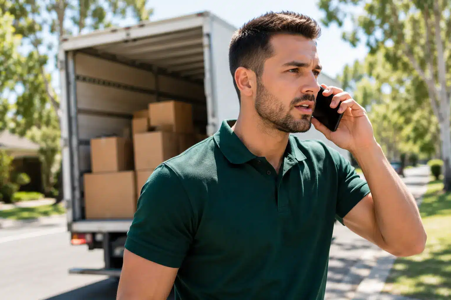 Professional Australian removalist in a dark green uniform talking urgently on a mobile phone beside an open white moving truck on a sunny suburban Canberra street.