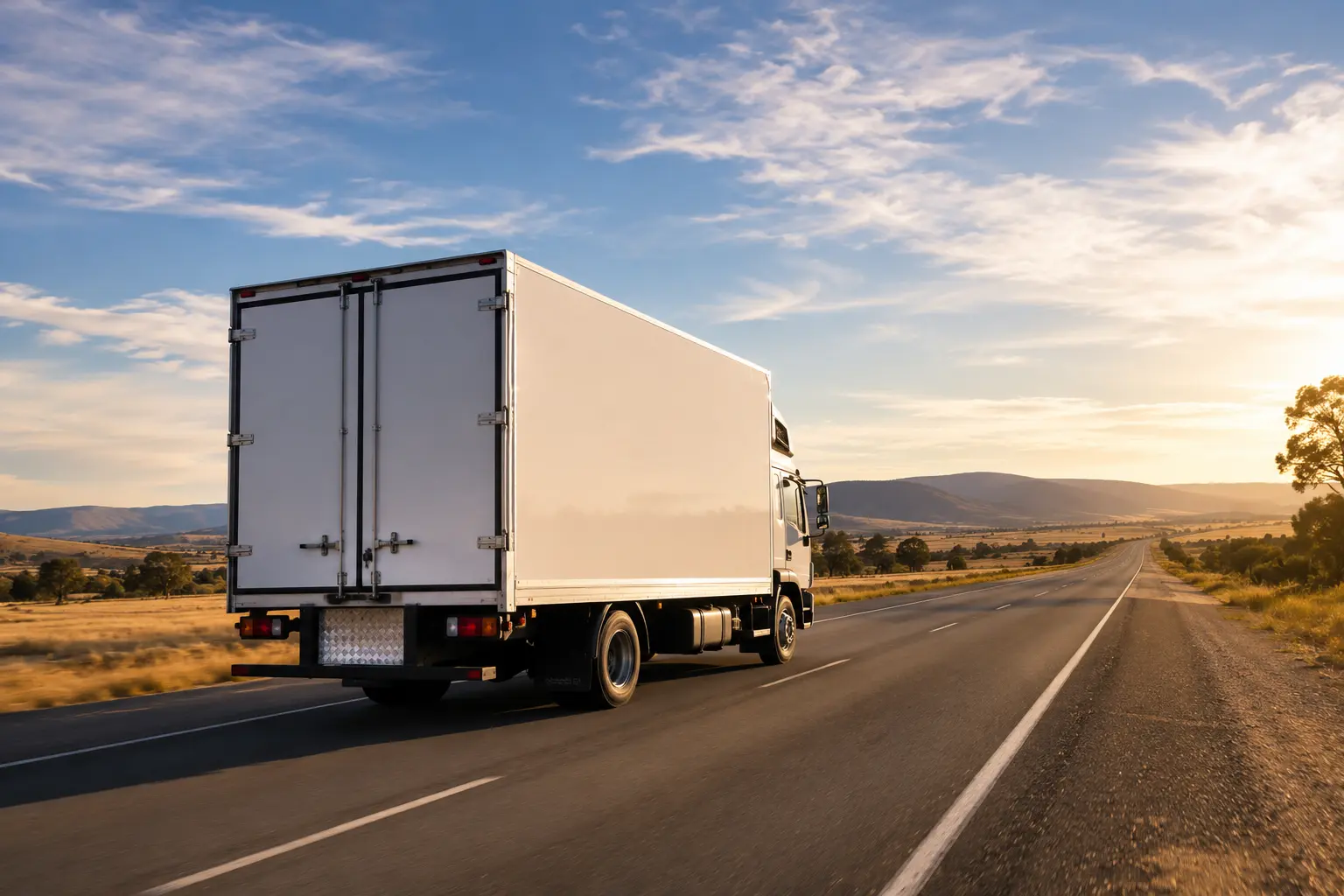 Large white professional moving truck driving along an open Australian highway during golden hour with wide countryside and blue sky in the background.