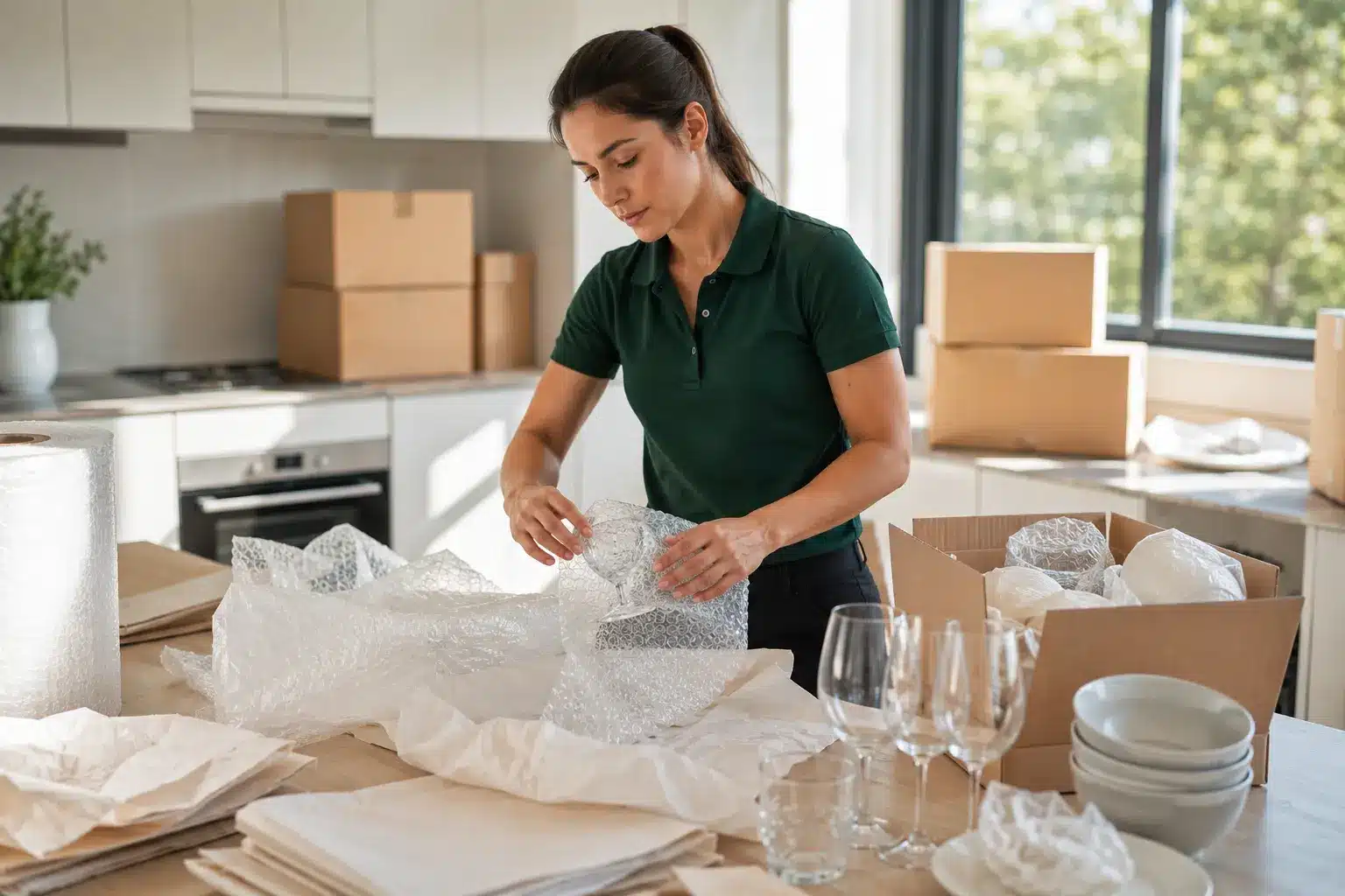 Professional Australian female removalist carefully wrapping delicate glassware and kitchenware with bubble wrap at a bright kitchen table.