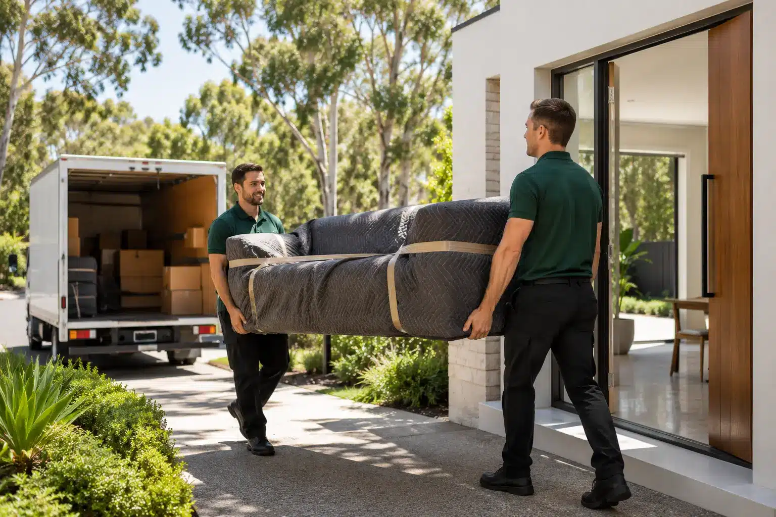 Two professional Australian removalists carrying a sofa wrapped in protective moving blankets out of a modern home toward a white moving truck on a sunny day.