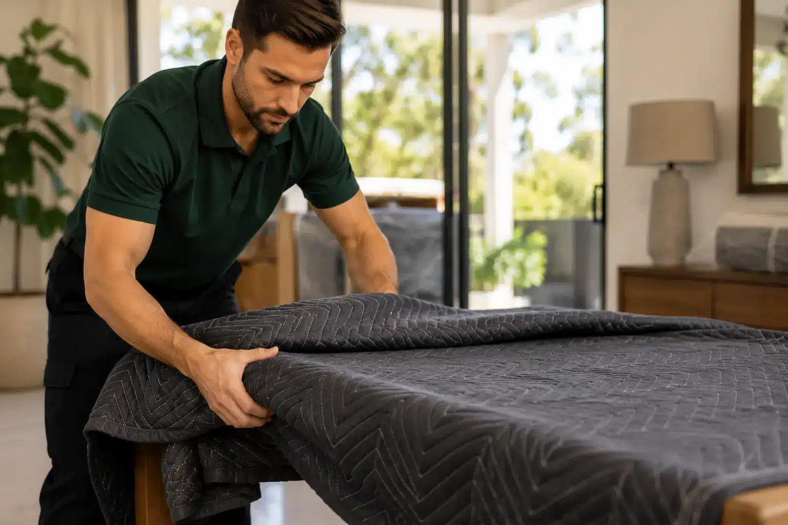 Professional Australian removalist carefully wrapping a wooden dining table with thick protective moving blankets inside a bright modern home.
