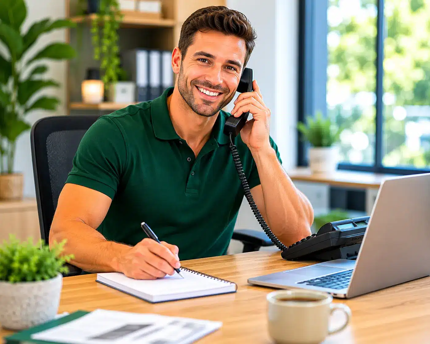 Friendly professional Australian male removalist in a dark green polo shirt smiling while talking on the phone at a clean modern office desk.